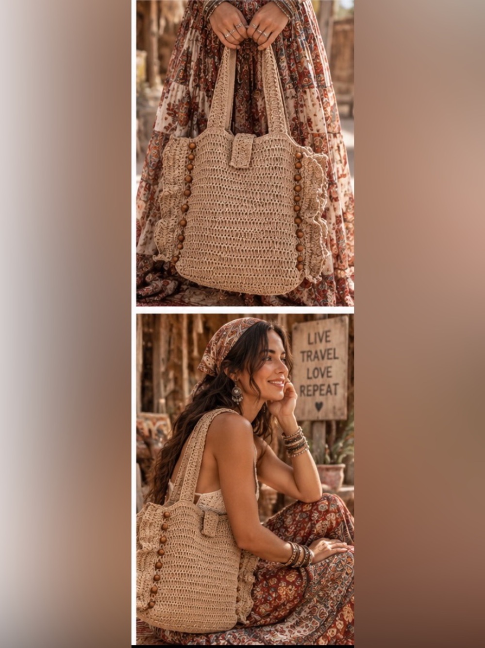 Wildflowers Boho Crochet Tote in Natural Beige with Wooden Beads